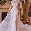 Lace & Tulle Short Sleeve Wedding Gown - Off White-Nude