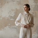 Woman wearing a modern long-sleeve blouse with a soft, elegant silhouette