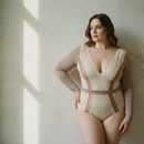 Woman wearing plus size bodysuit styled with jeans