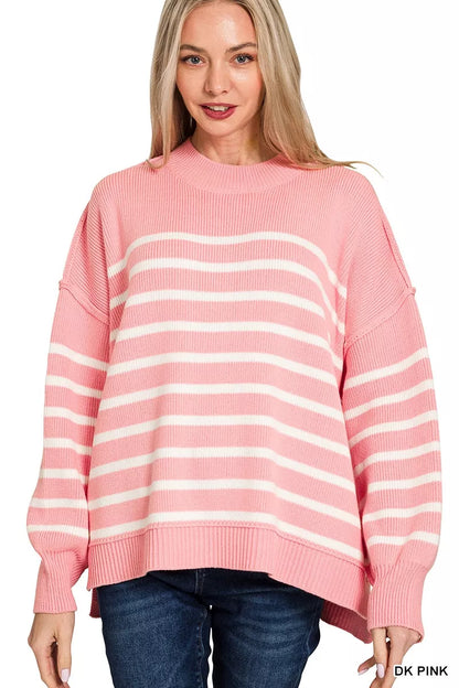 Zenana Exposed Seam Striped Oversized Sweater - Farnelli