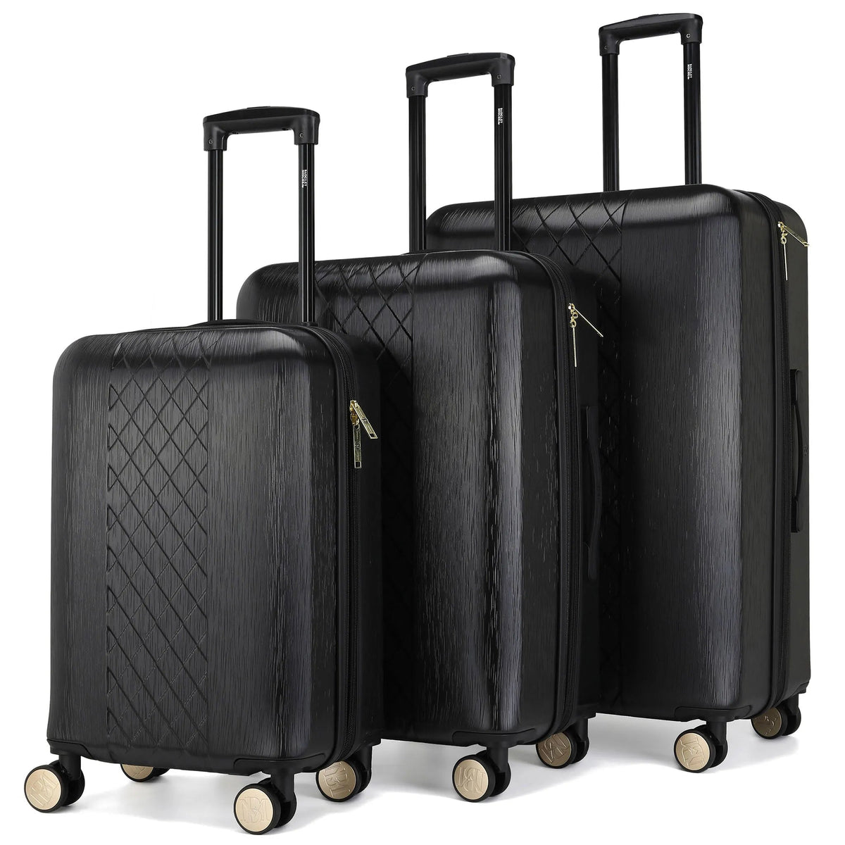 Black Diamond 3-piece expandable luggage set by Travellty with durable hard shells and telescoping handles for travel.