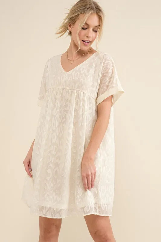 And The Why Woven Leopard Baby Doll Roll-Sleeve Casual Dress - Farnelli