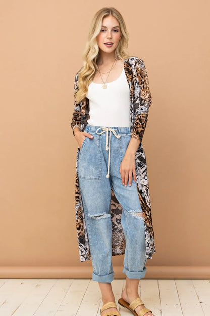 And The Why Leopard Kimono Open Front Longline Cardigan - Farnelli