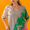 BiBi Tiger W Stripe Contrast Color Block V Neck Top - LT.TAUPE/GREEN