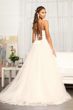 Embroidery & 3D Floral Applique Embellished V-Neck Mesh Wedding Dress - Farnelli
