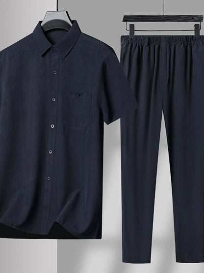 Men's Plus Size Button Up Short Sleeve Shirt and Pants Set - Farnelli