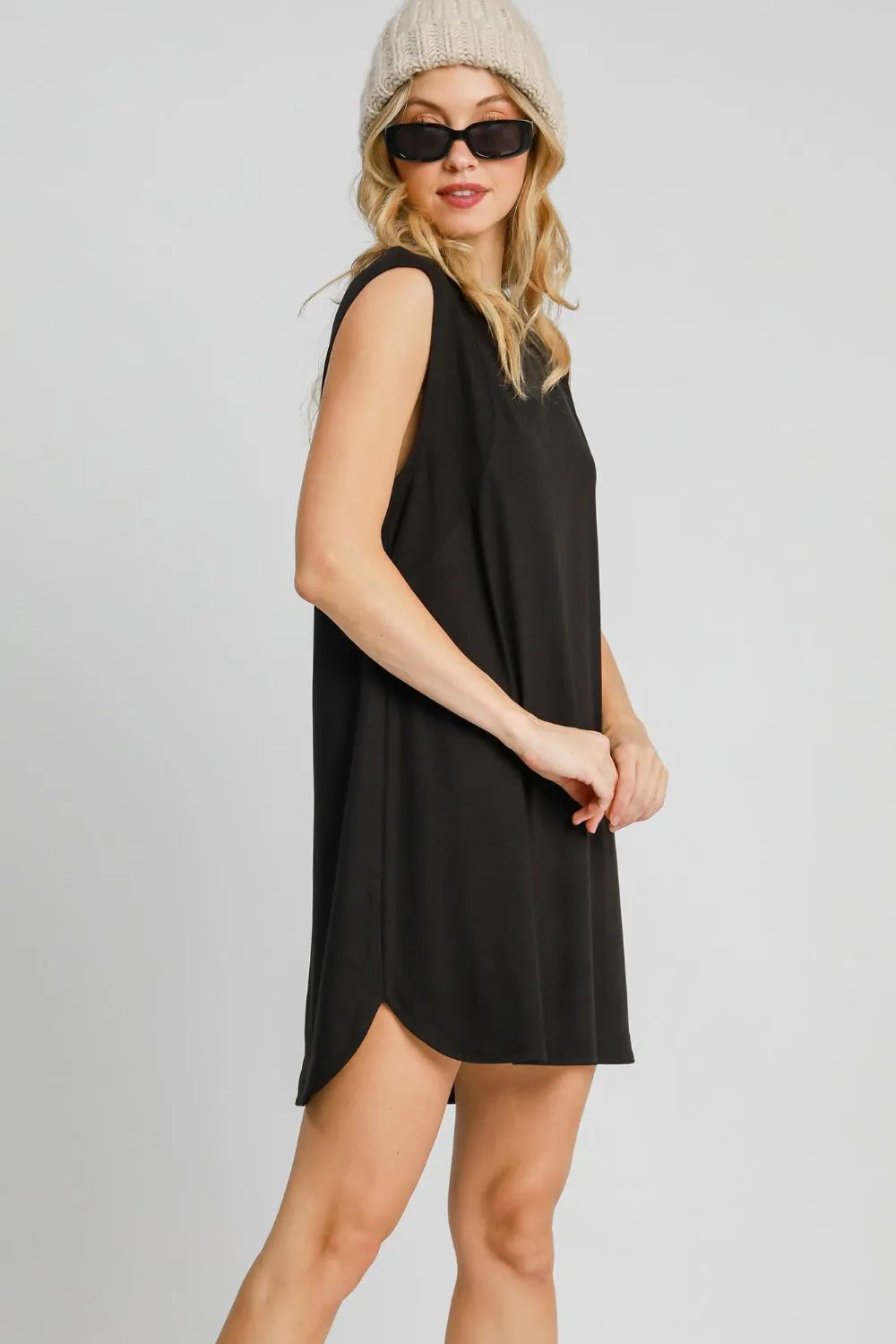 Umgee Round Neck Sleeveless High-Low Curved Hemline Mini Dress - Farnelli