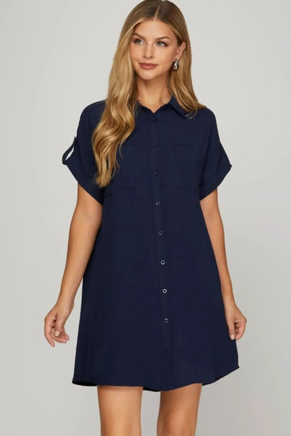 She + Sky Full Size Button Down Short Sleeve Woven Shirt Dress Plus Size - Farnelli
