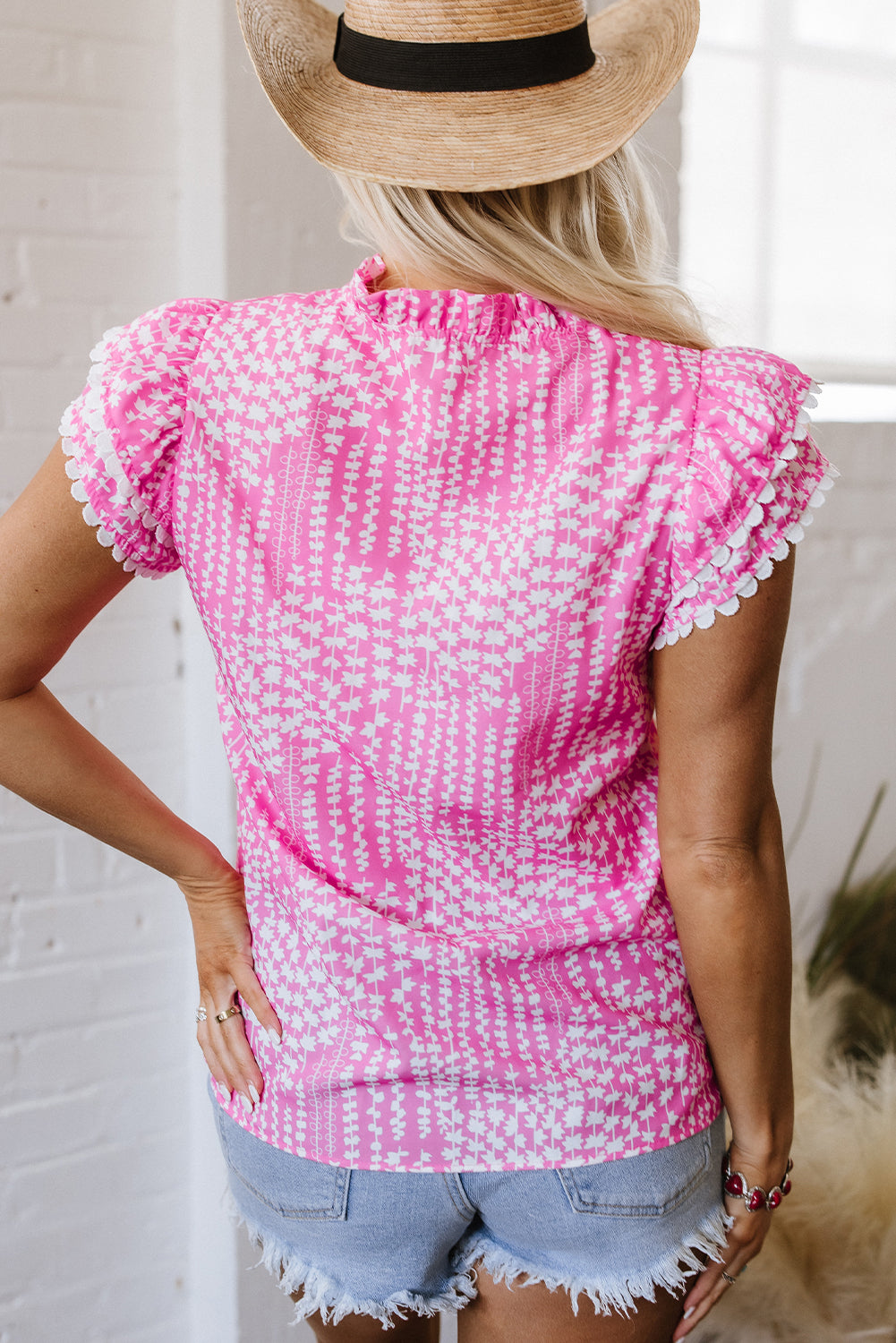 Cynthia Ric Rac Trim Flutter Sleeve Notch V Neck Blouse - Farnelli