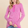 Reborn J Contrast Trim Half Button Long Sleeve T-Shirt - MAGENTA
