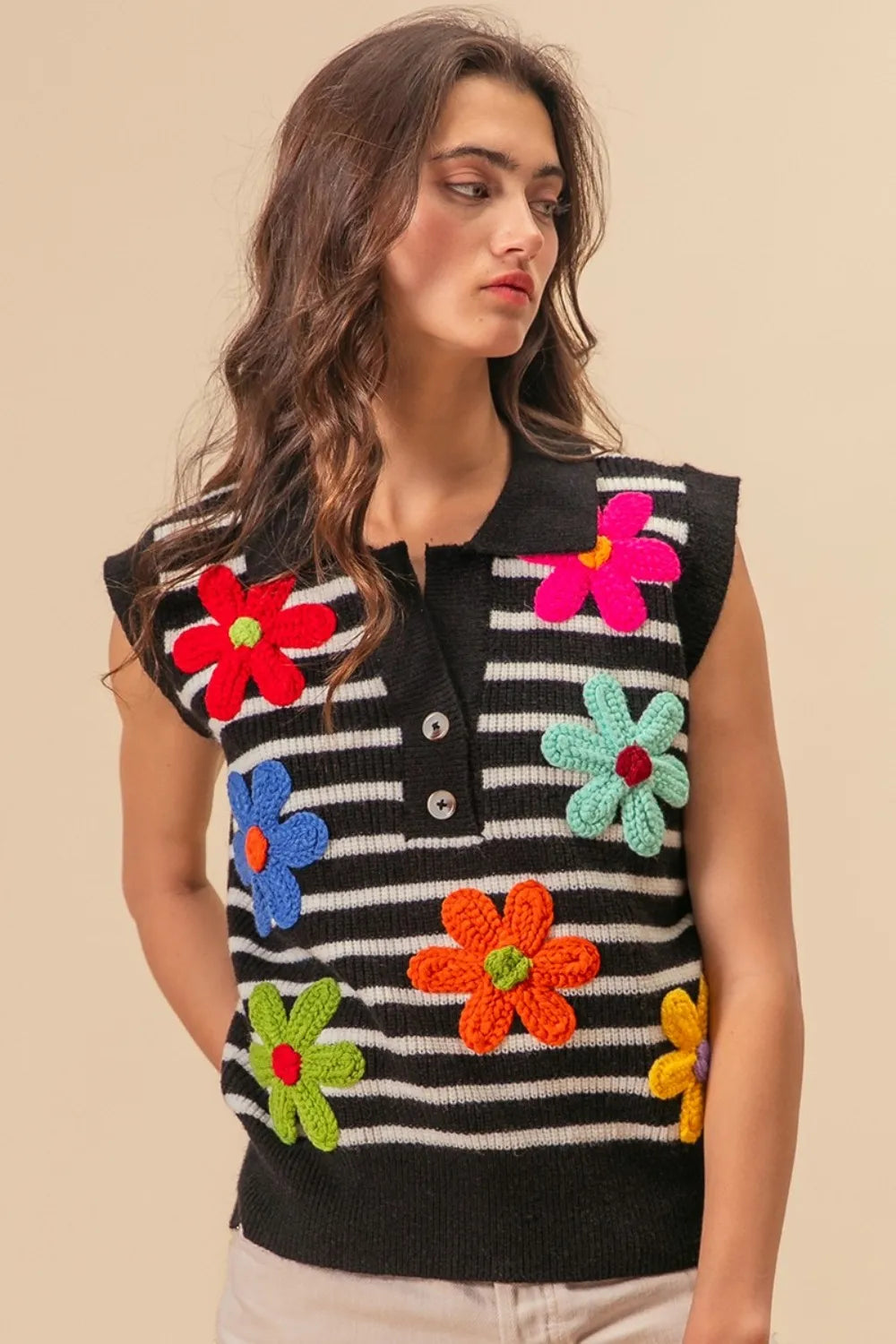 BiBi Flower Patch Striped Half Button Sweater Vest - Farnelli