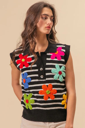 BiBi Flower Patch Striped Half Button Sweater Vest - Farnelli