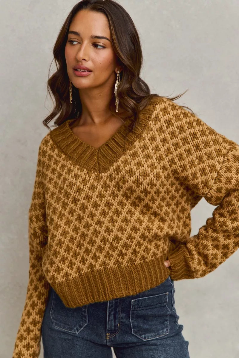 SO ME Color Block Textured Christmas Sweater V Neck Top - Farnelli