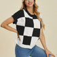 Double Take Full Size Checkered Round Neck Short Sleeve Sweater - Farnelli