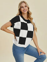 Double Take Full Size Checkered Round Neck Short Sleeve Sweater - Farnelli