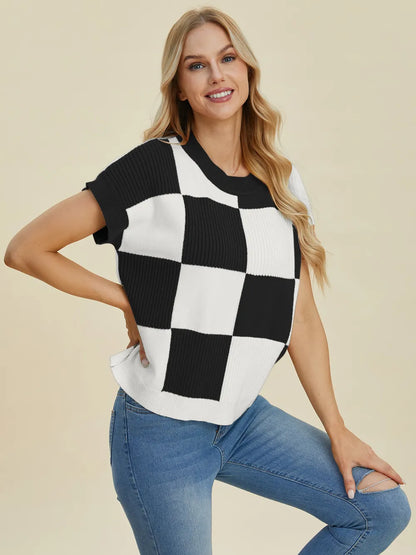 Double Take Full Size Checkered Round Neck Short Sleeve Sweater - Farnelli