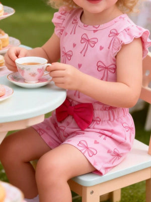 Children's Bowknot Ruffle Sleeve Top and Shorts Set - Farnelli