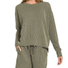 Zenana Corded Rib Long Sleeve Tee and Shorts Set - DK OLIVE