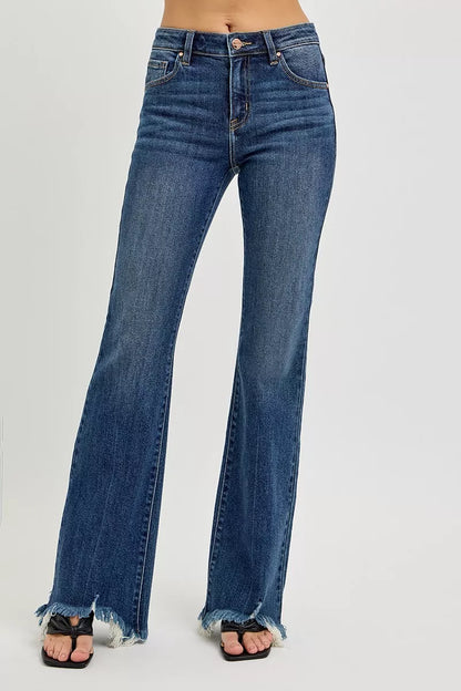 RISEN Full Size Mid Rise Flare Frayed Hem Jeans Plus Size - Farnelli