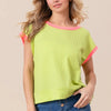 BiBi Cord Rib Knit Contrast Banded Top - LIME/NEON PINK