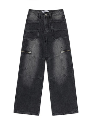 Men's Wide Leg Cargo Pocket Vintage Washed Jeans - Farnelli