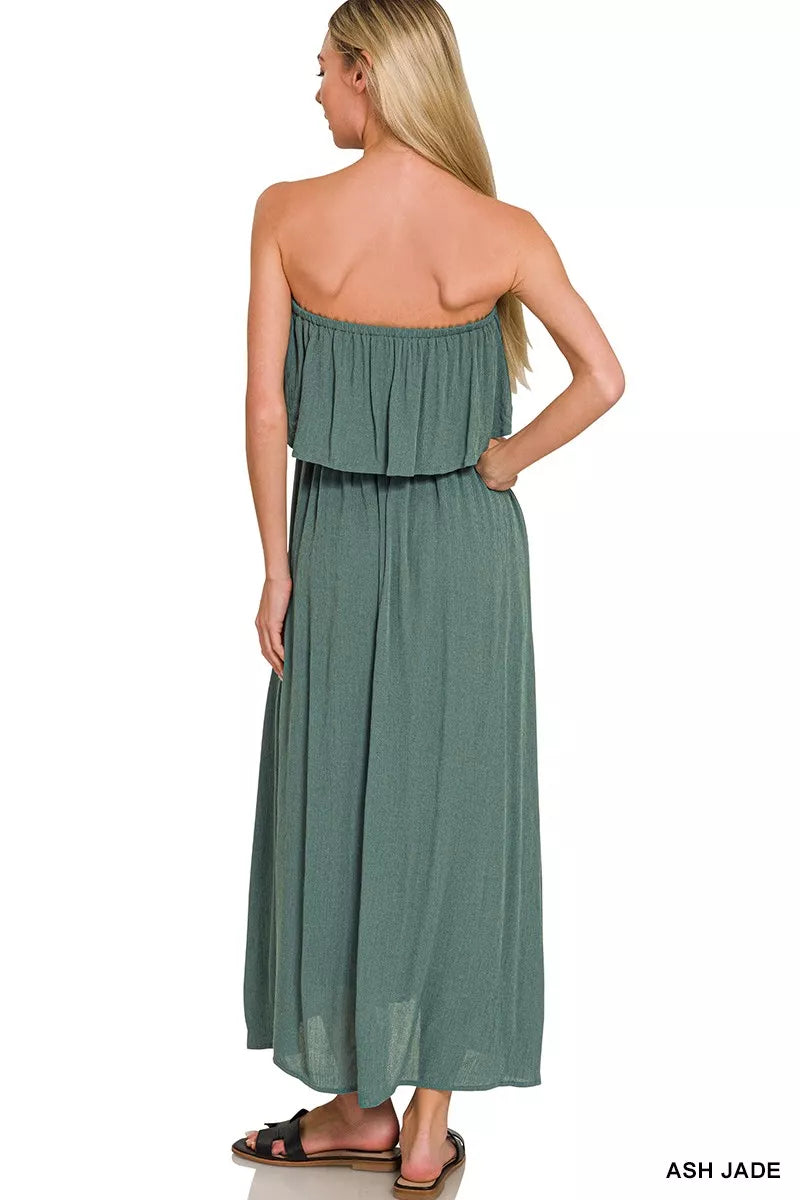 Zenana Woven Crinkle Strapless Maxi Dress - Farnelli
