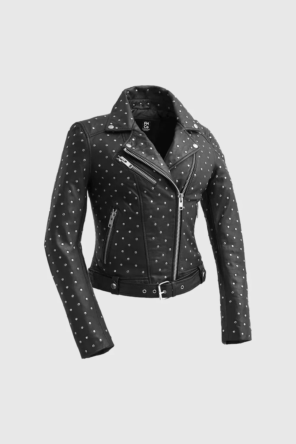 Whet Blu NYC Claudia women's fashion leather jacket in black with zip front and belted waist