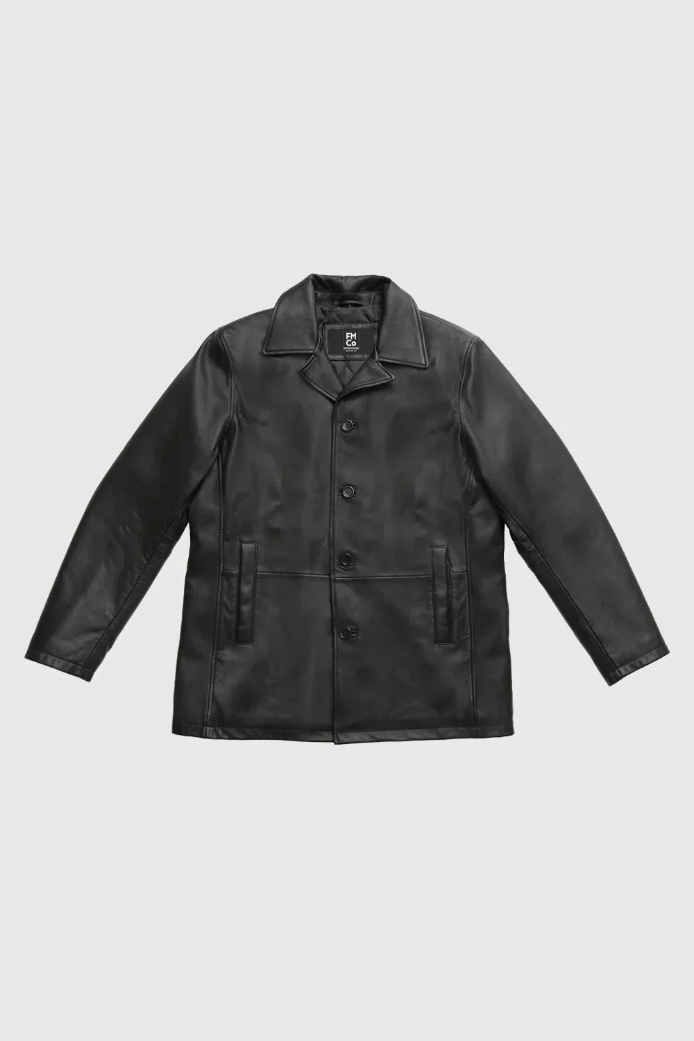 Whet Blu NYC Strata men's leather car coat in black, front view with button closure and side pockets