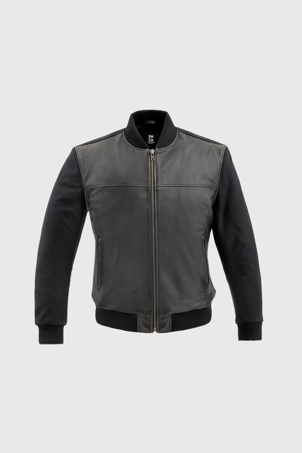 Whet Blu NYC Andre men's varsity leather jacket in black and white with snap buttons and striped ribbed trim