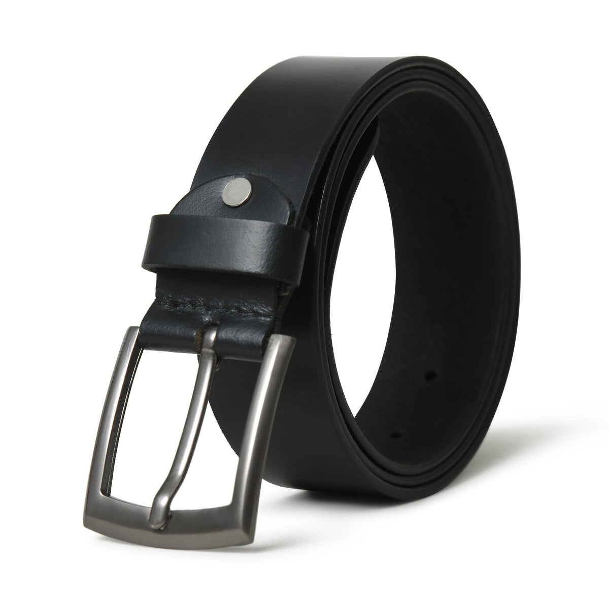 Minimalist black leather belt from Classy Leather Bags, showing smooth leather strap and simple metal buckle.