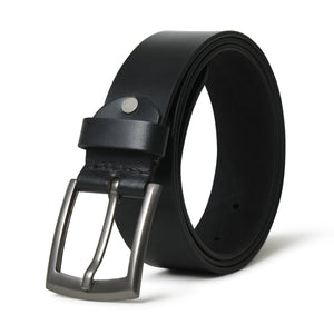 Minimalist black leather belt from Classy Leather Bags, showing smooth leather strap and simple metal buckle.