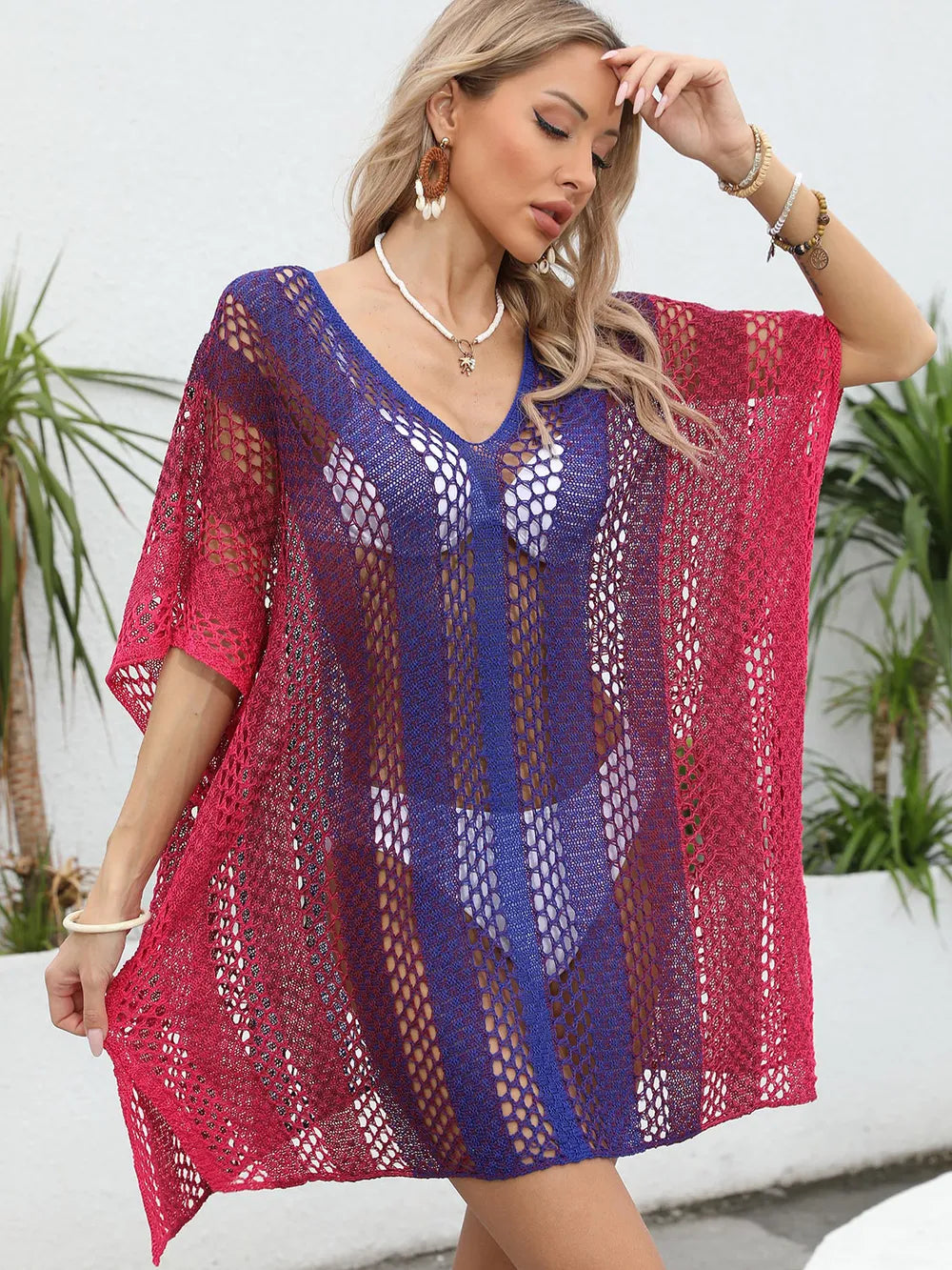 Openwork Contrast V-Neck Cover-Up - Farnelli