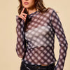 SO ME Plaid Mesh Knit Long Sleeve Top with Thumb Opening - BLACK
