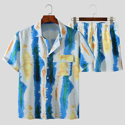 Men's Full Size Printed Button Up Short Sleeve Shirt and Shorts Plus Size - Farnelli