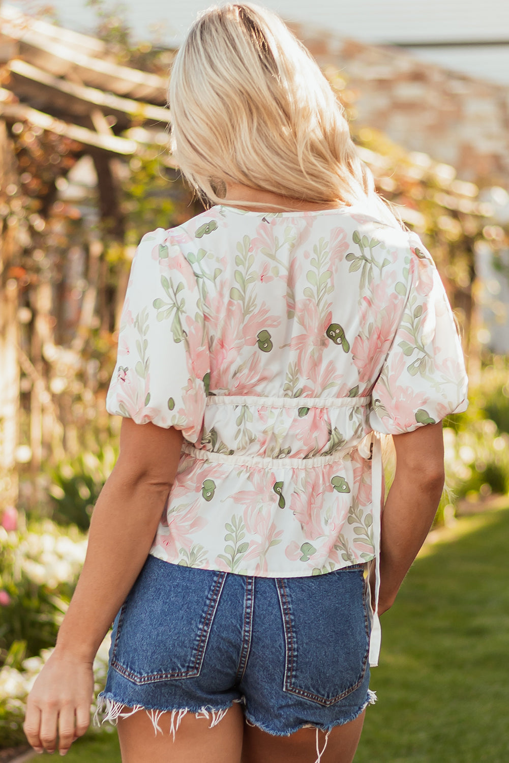 Alaiya Floral Puff Sleeve V Neck Tied Front Peplum Blouse - Farnelli