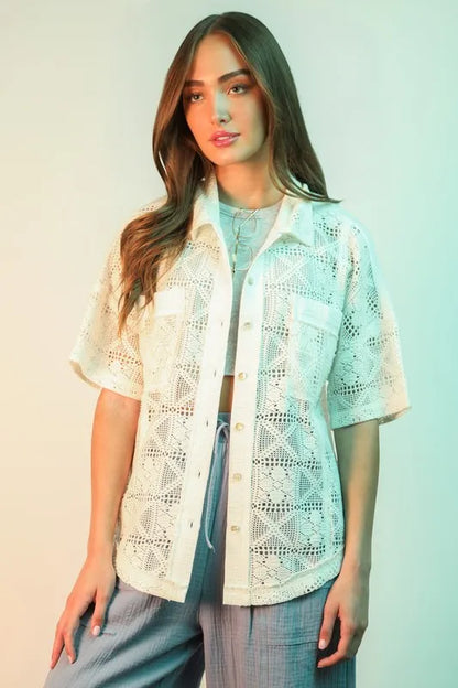 VERY J Plus Size Oversized Crochet Button Down Shirt Top - Farnelli