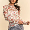 Davi & Dani Floral Print Mesh Long Sleeve Layering Top - White/Orange Floral