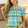 BiBi Multi Color Check Plaid Woven Top - LT BLUE/YELLOW