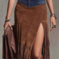 Denim Patchwork Fringe Maxi Skirt - Farnelli