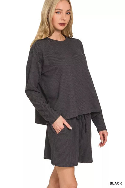 Zenana Corded Rib Long Sleeve Tee and Shorts Set - Farnelli