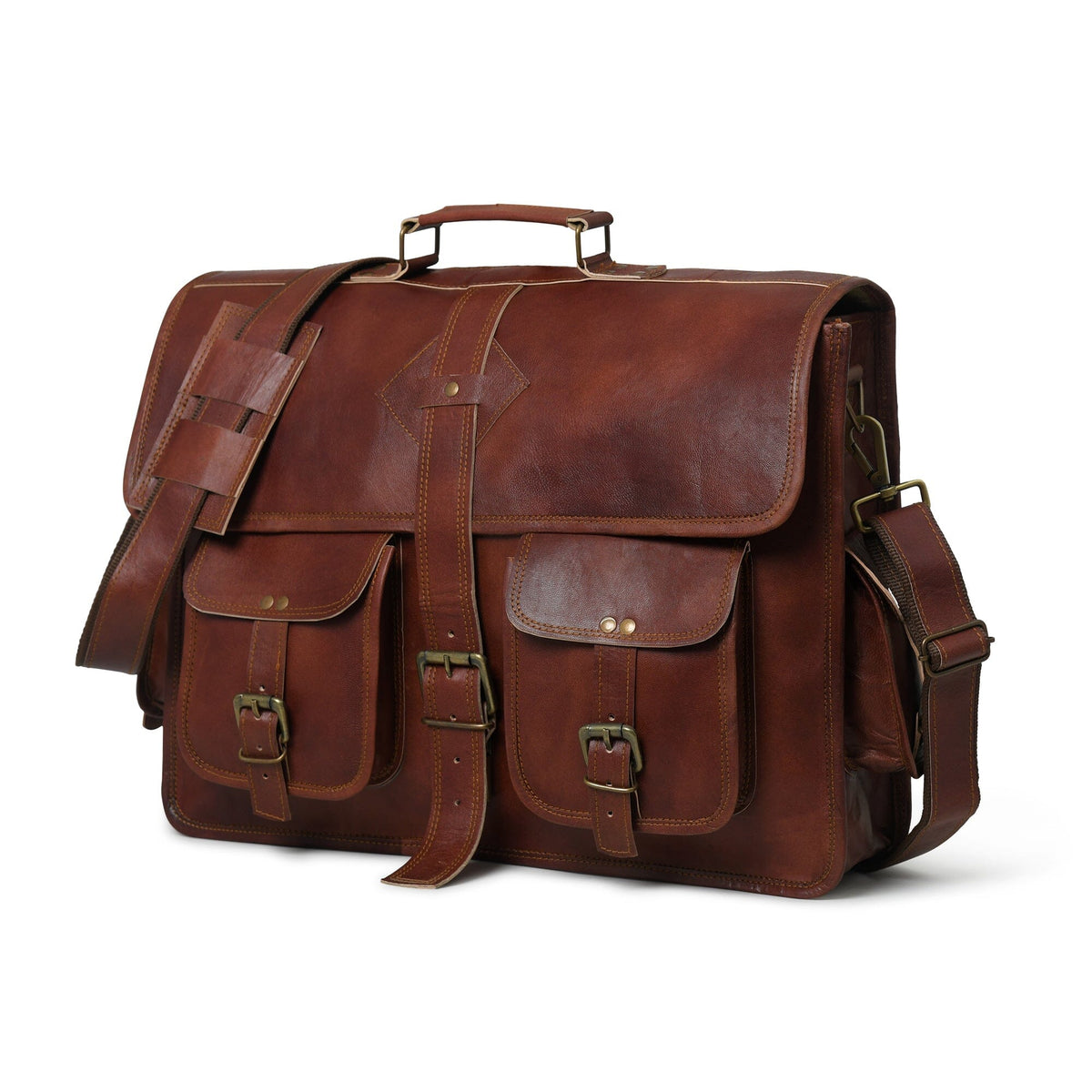 Classic brown leather Retro II Office Briefcase by Classy Leather Bags, featuring a sturdy handle and spacious interior for work essentials.