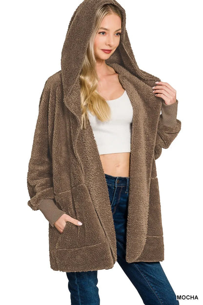 Zenana Hooded Faux Fur Jacket with Pockets - Farnelli