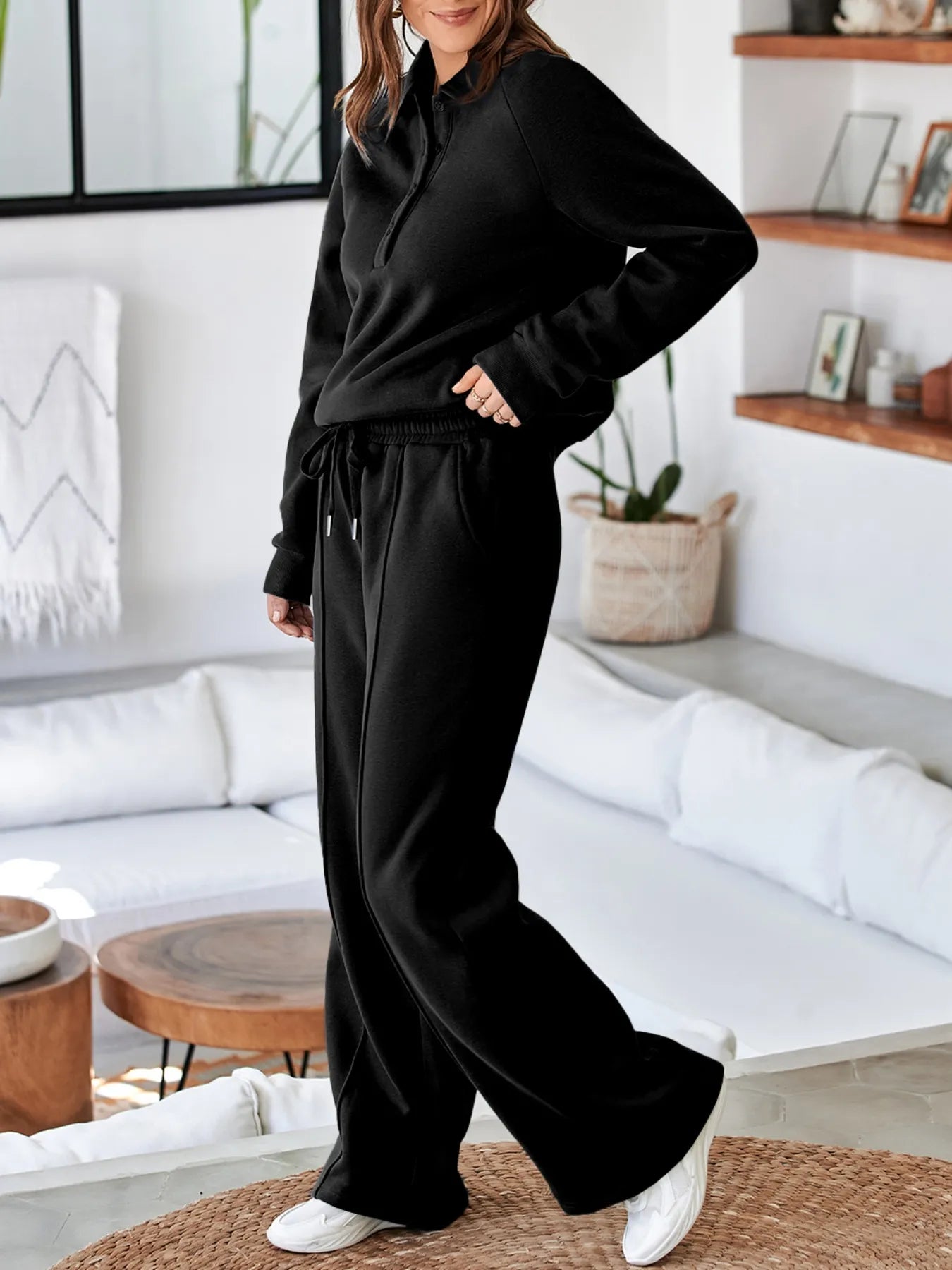 Collared Sweatshirt and High Waist Pants Active Set - Farnelli