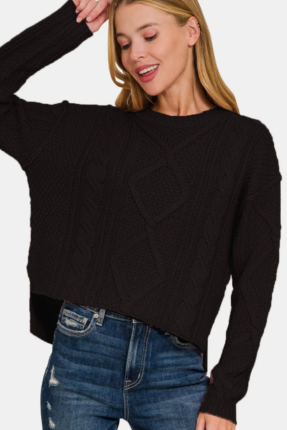 Zenana Cropped High Low Cable Sweater with Side Slits - Farnelli