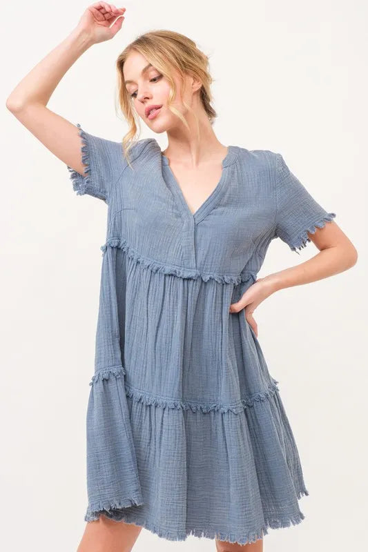 And The Why Washed Frayed Detail Tiered Dress - Farnelli