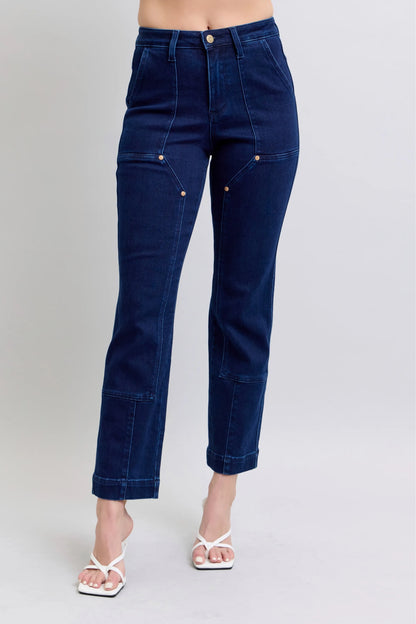 Judy Blue Full Size Hw Work Wear Knee Patch Straight Jeans Plus Size - Farnelli