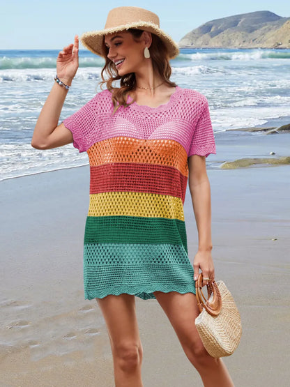 Openwork Round Neck Short Sleeve Cover-UP - Farnelli