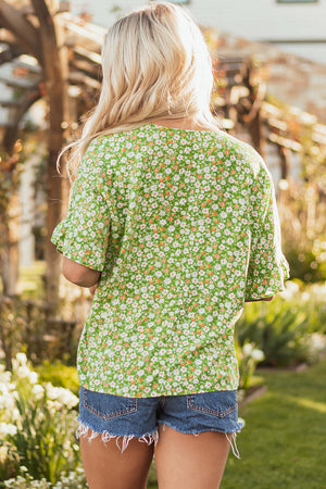 Yusra FloralRuffle Sleeve V Neck Blouse - Farnelli