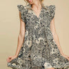 Umgee Full Size Printed Ruffle Cap Sleeve Babydoll Dress Plus Size - Black