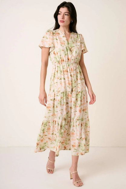 Mittoshop Flower Print Flutter Sleeve V Slit Maxi Dress - Farnelli